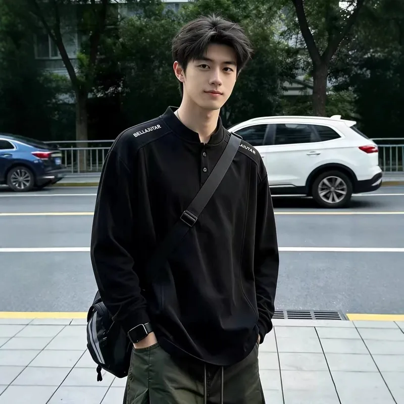 Henry Collar Hoodie Men's Autumn New Item Loose American Casual Long Sleeved T-shirt Base Shirt Fashion Simple Men's Clothing
