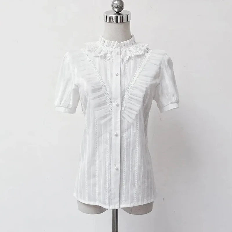 

Милые рубашки в стиле Лолиты, женские японские кавайные хлопковые блузки с короткими рукавами Y2K, винтажные готические белые жаккардовые элегантные офисные женские топы