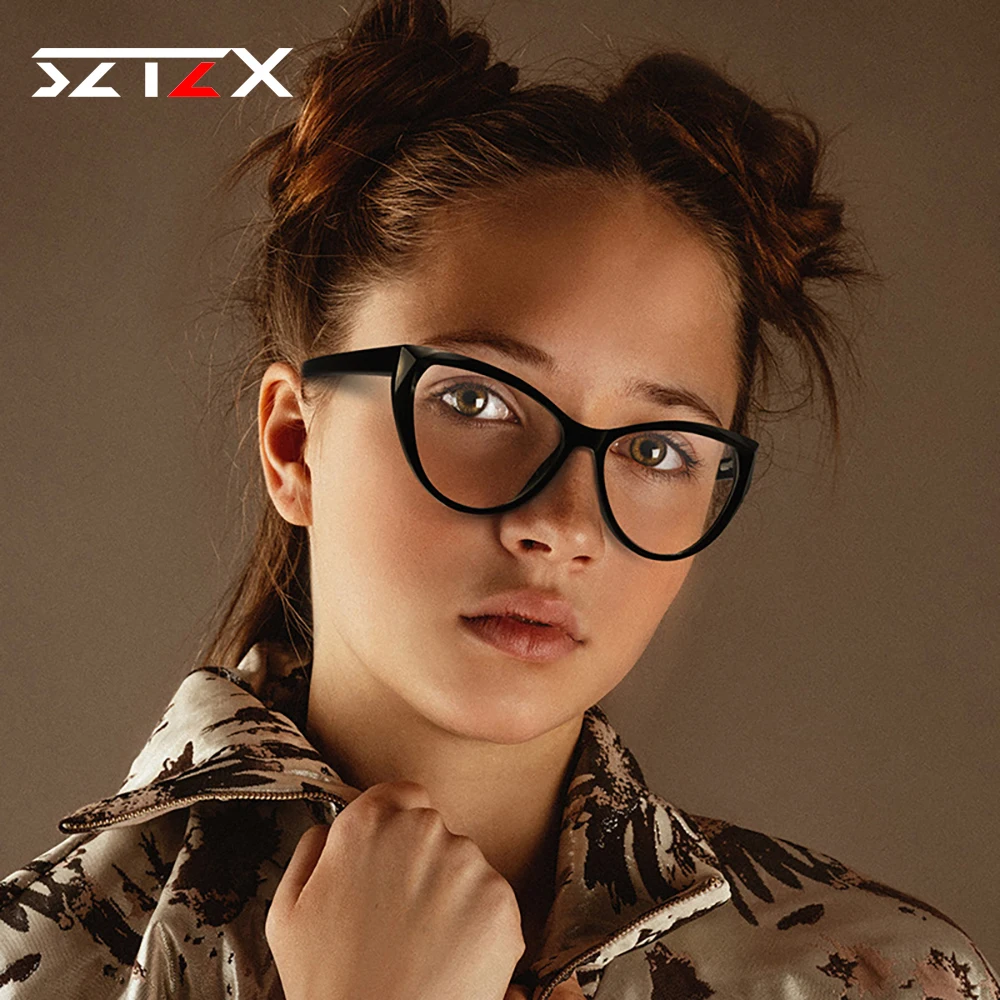 SZTZX Fashion Cat Eye Photochromic Reading Glasses For Women Anti Blue Light Myopia Glasses Prescription Optical Eyeglasses