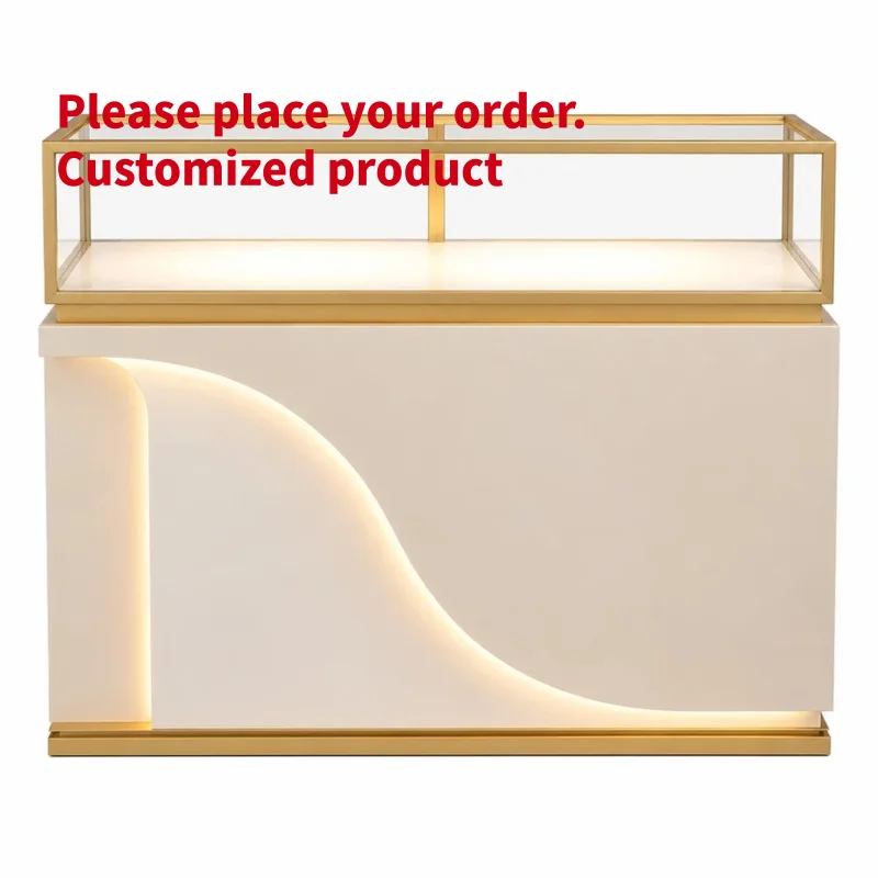 custom.OEM ODM Custom Size Gold Glass Jewelry Display Counter, LED Lit Showcase Jewelry Shop, Department Store