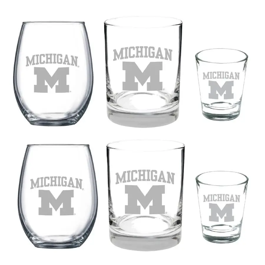 Wolverines Juego combinado de vasos grabados satinados de 6 piezas Incluye 2 copas de vino, 2 copas de whisky y 2 copas de chupito