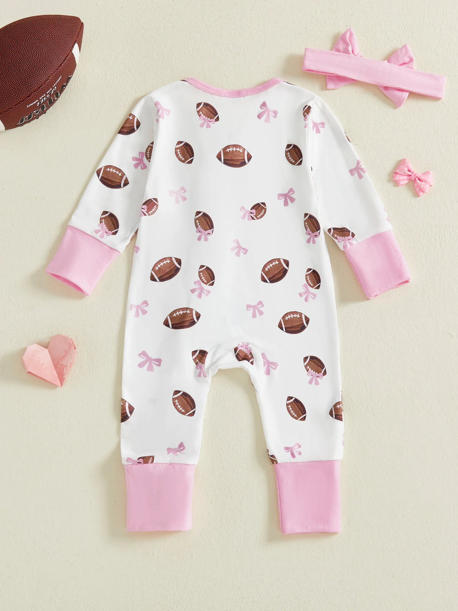 

Adorable Baby Girl 3 Piece Outfit Football Bow Long Sleeve Zip-up Romper with Bow Headband and Socks Set for Newborns