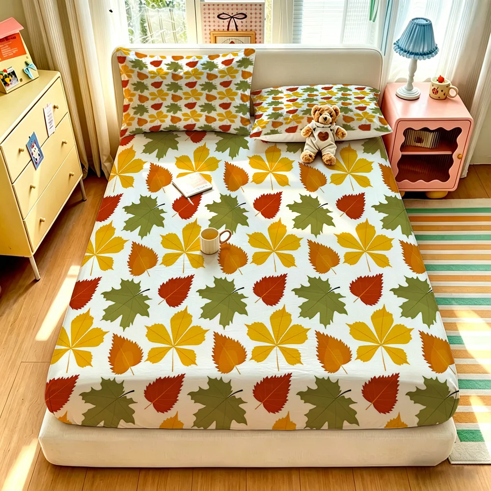 3pcs Red Yellow Green Maple Leaf Print Duvet Cover Set No Comforter 1 Duvet Cover 2 Pillowcases Soft Washable Autumn Bedroom