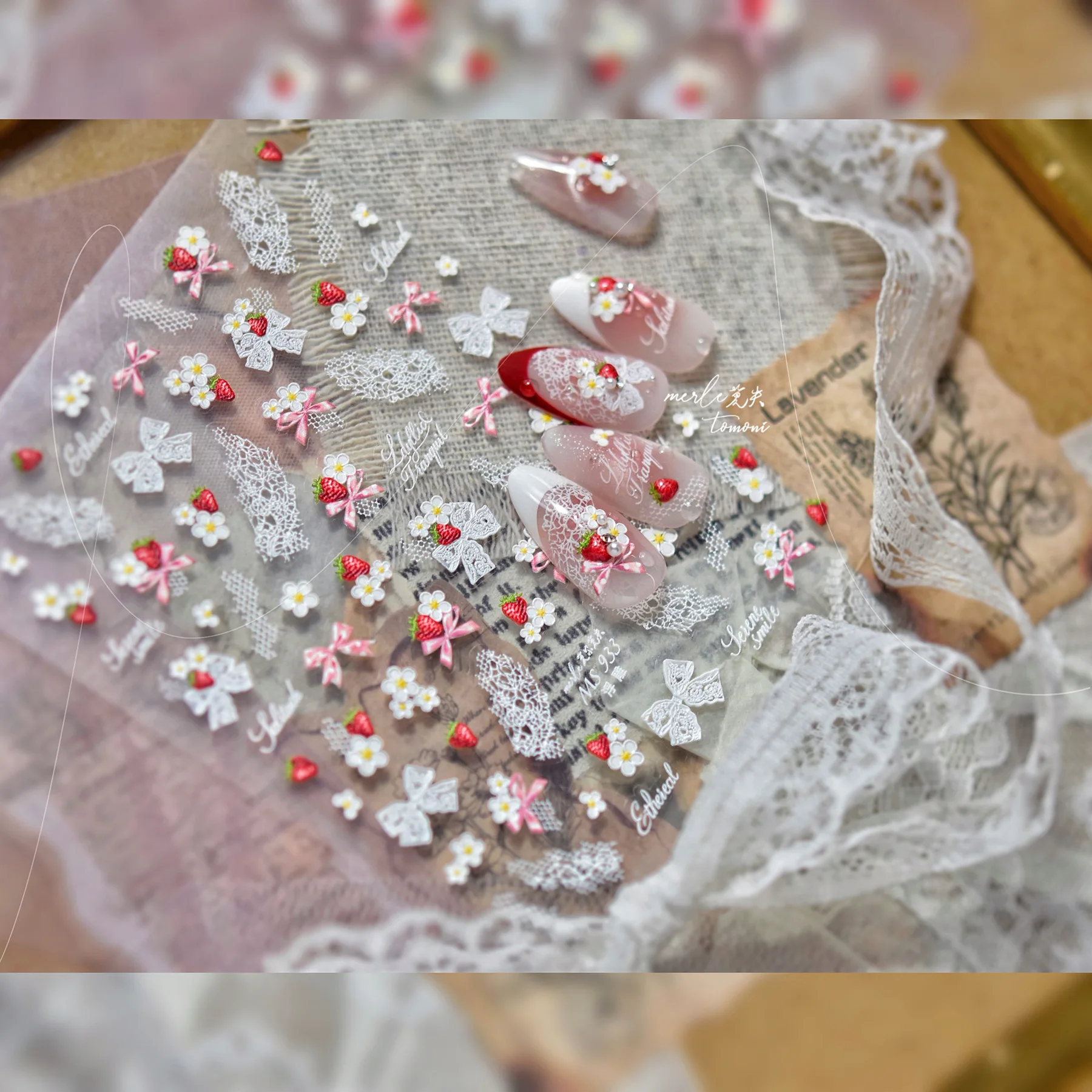 5D Embossed Nail Stickers Sweet Strawberry Lace Bow Nail 3D Decorations Stickers Self Adhesive Accessories Nail Art Stickers DIY