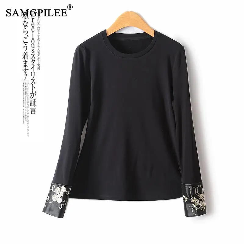 Spring Autumn 2024 New Exquisite Cuff Embroidery Slim Bottoming Shirt O Neck Elastic Fashion Women's Black Oversize T-shirts