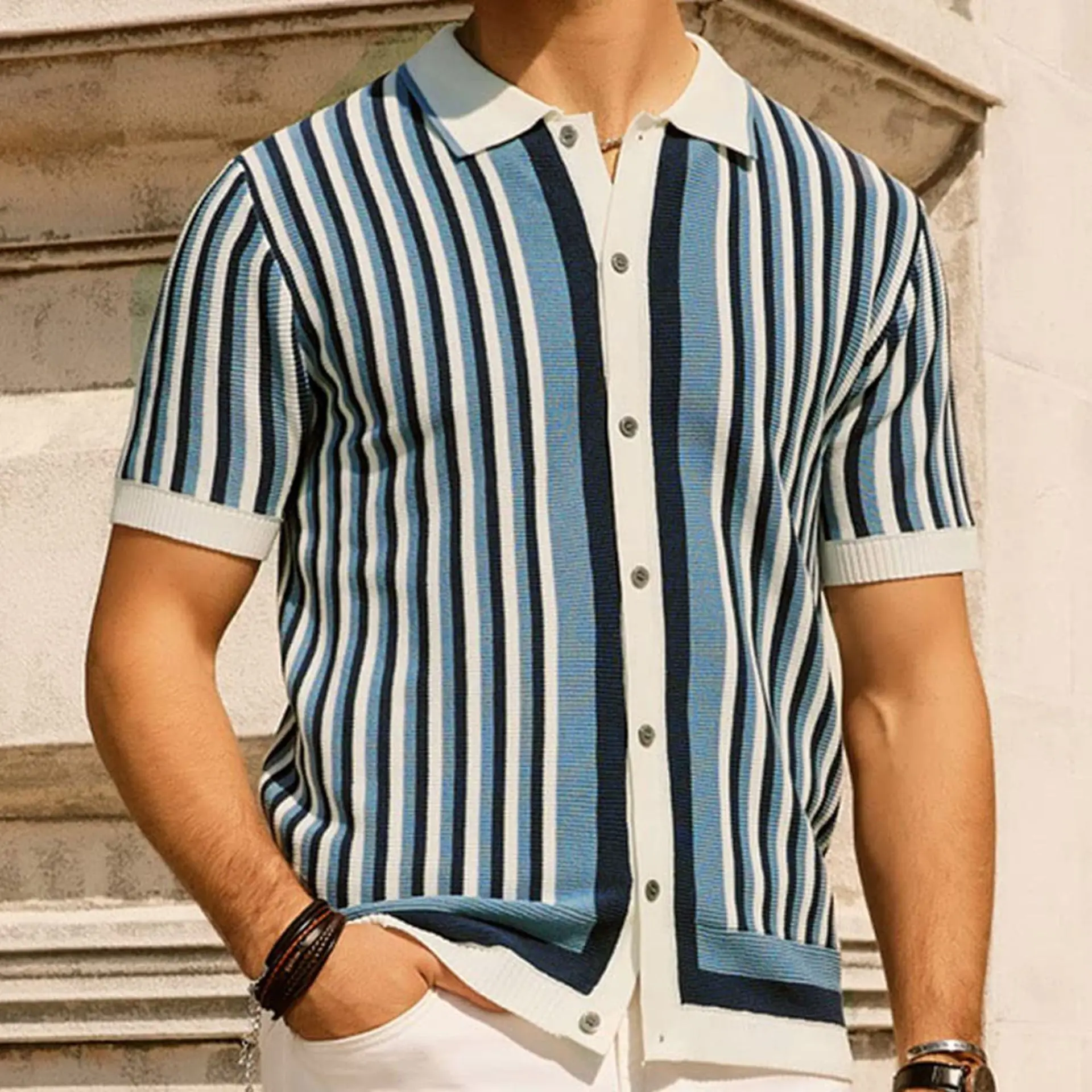 Men's Striped Polo Shirts Summer Breathable Knit Shirt for Men 70s Vintage Cardigans Shirt Short Sleeve Button Down Clothing