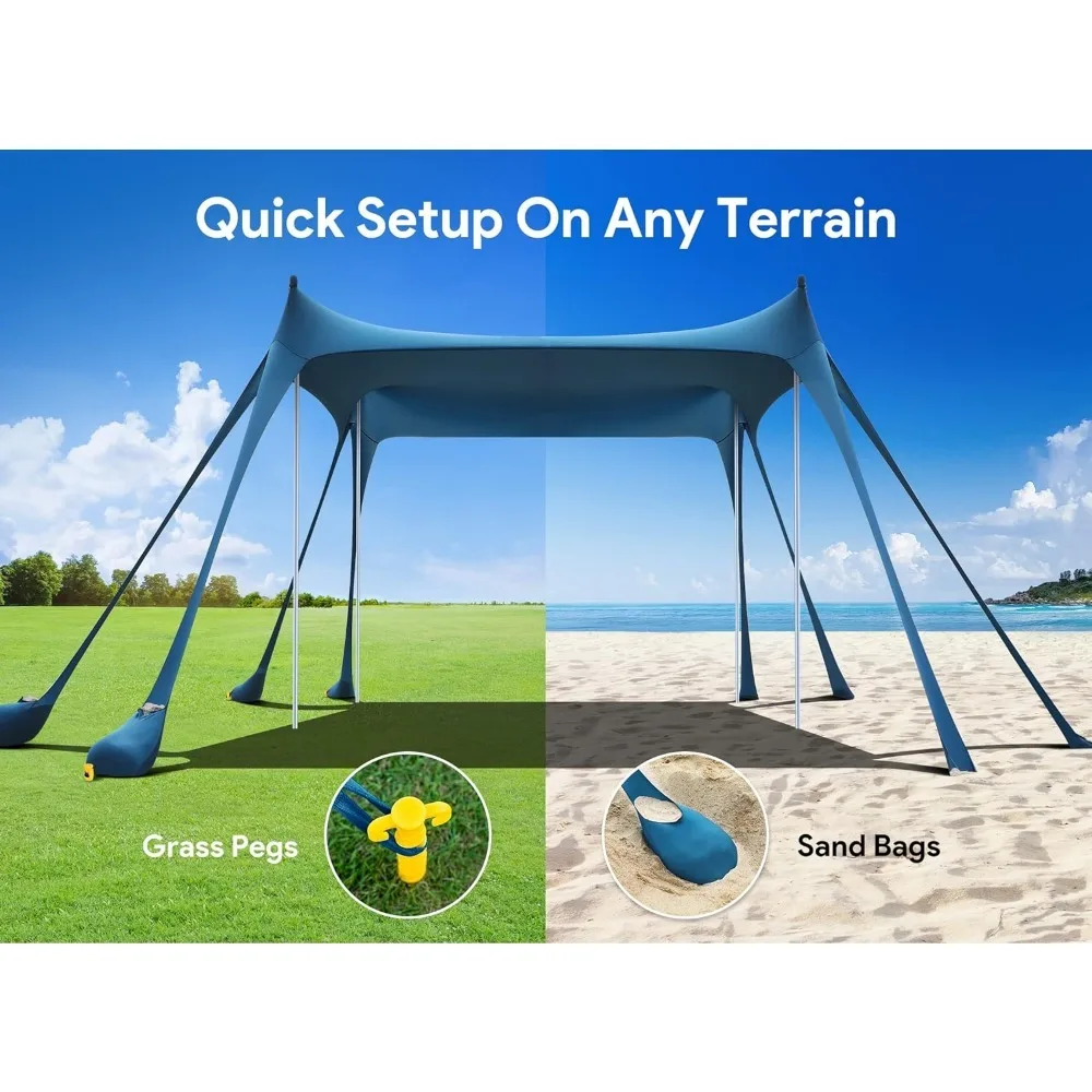 Tenda pantai, Camping Sun Shelter UPF50 + dengan 8 kantong pasir, sekop pasir, pasak TANAH & tiang stabilitas, naungan luar ruangan pantai