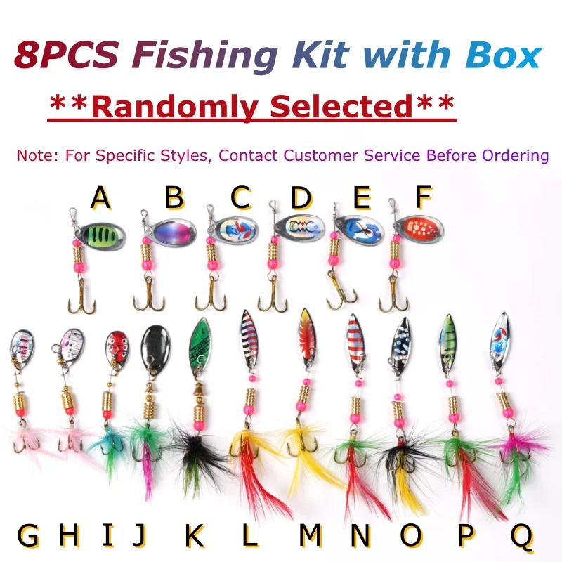 

8PCS Spinner Kit Single Double Spoon Lure with Feather Treble Hooks for Bass Trout Perch Pike Rotating Long Casting Wobblers