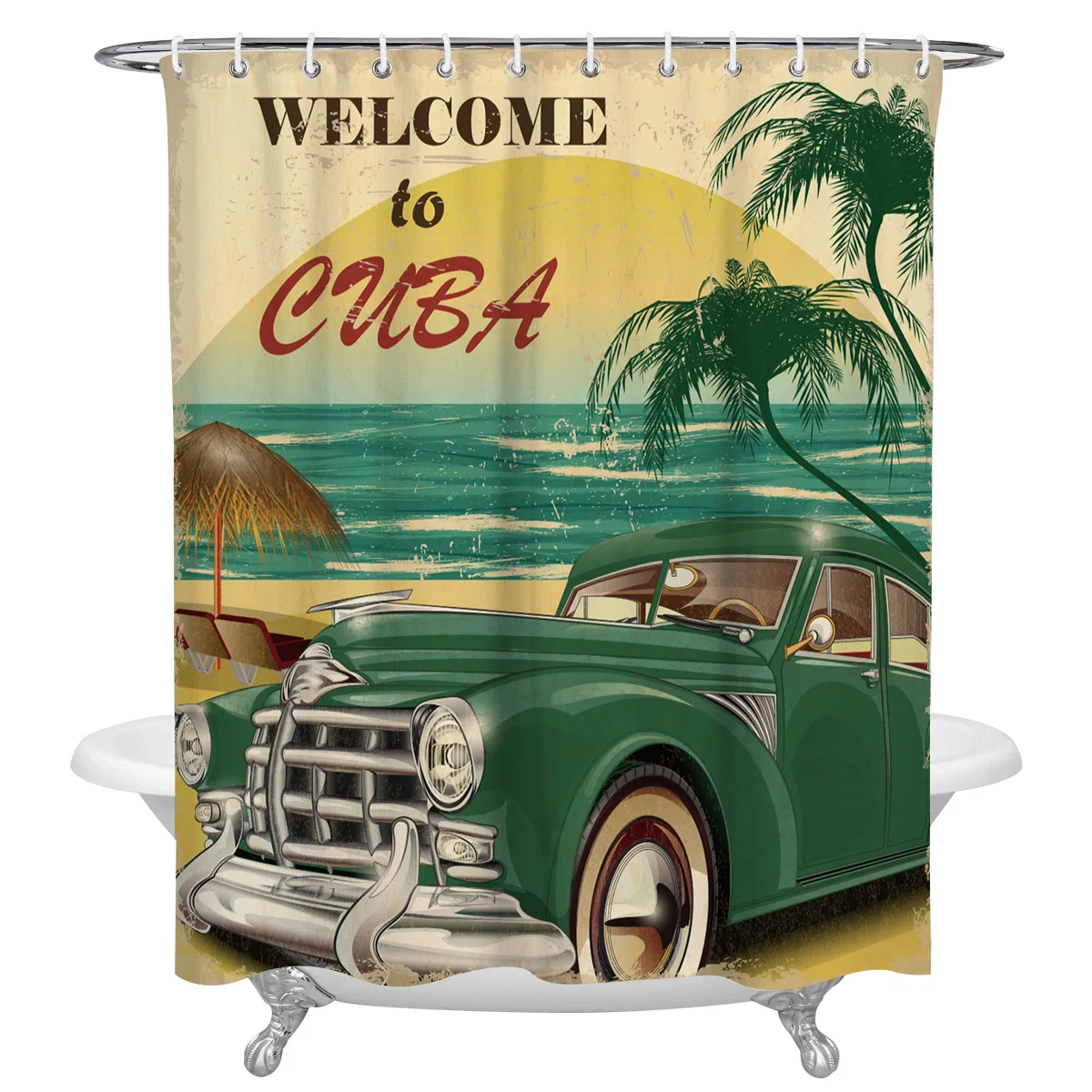 Retro Style Poster Car Cuba Waterproof Bathroom Decoration Shower Curtain With Hook Bathtub Curtains Bathroom Accessories