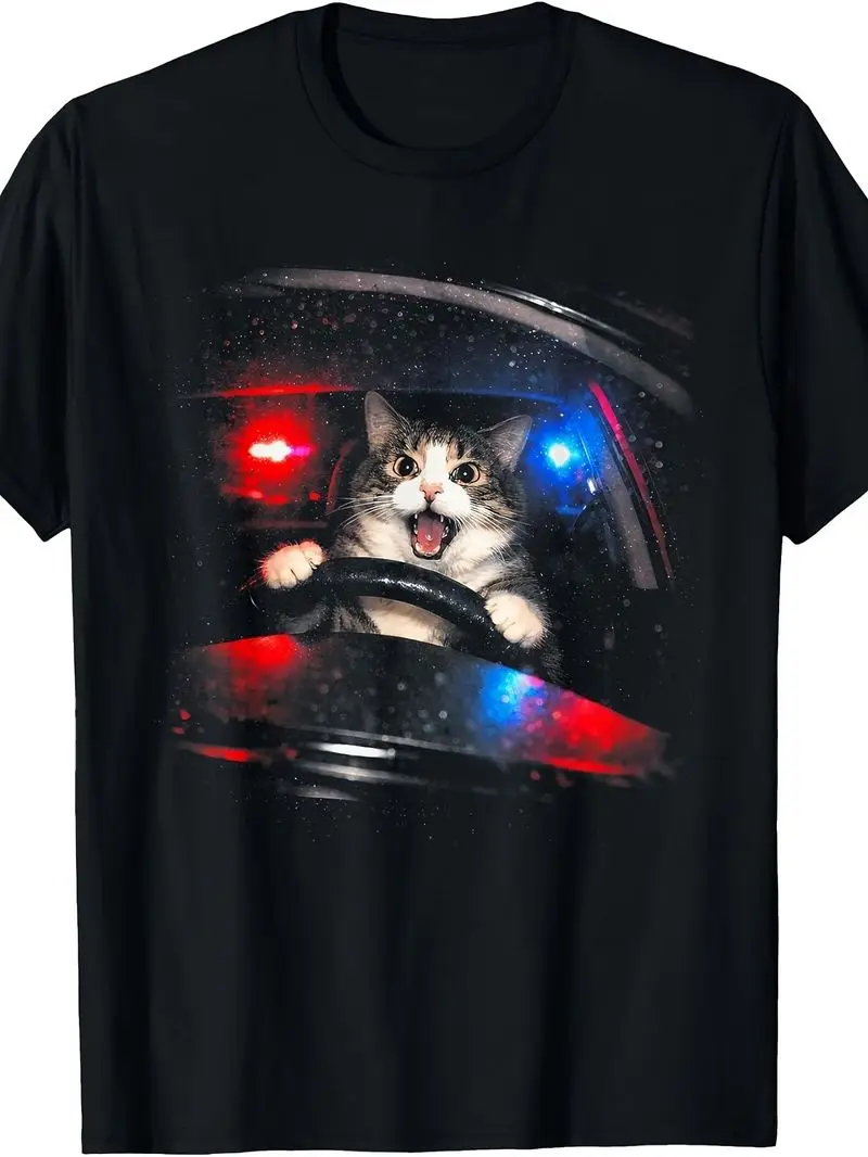 Funny Police Cat Driving Car Vintage T-Shirt Retro Fit Round Neck Tee Humorous Police Car And Cat Meme Machine Washable Gift