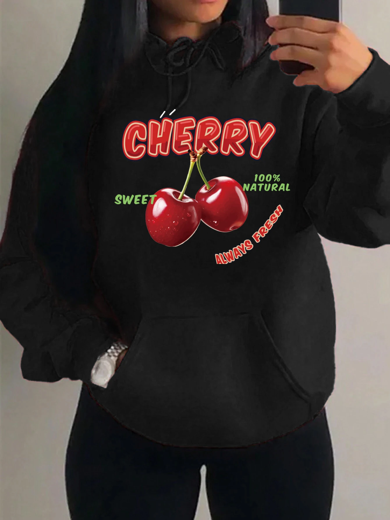 Cherry Sweet 100% Natural Prints Women Hoody Autumn Fleece Clothes Simplicity Loose Streetwear Unisex Pocket Fashion Hoody