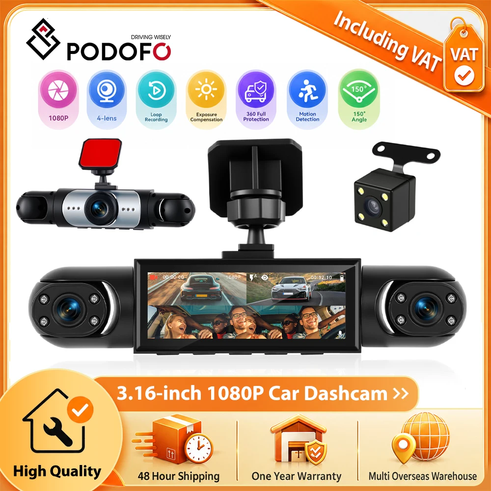 Caméra embarquée Podofo pour voiture avec vision nocturne, moniteur de stationnement, enregistreur de conduite, détection de mouvement, enregistrement en boucle, avec caméras intérieures gauche, intérieures droite et arrière 480P, pour l'aide au recul.
