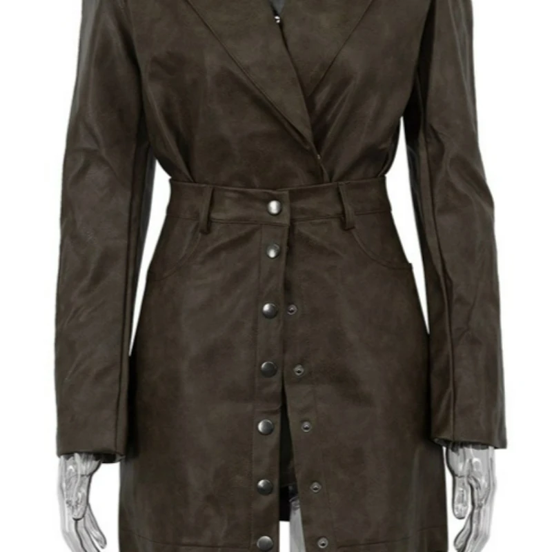 ชุดเซ็ตสองชิ้น เสื้อแขนยาวดีไซน์ใหม่แบบโปร่งลายฉลุ  คอลเลคชั่นฤดูใบไม้ร่วง 2026  สไตล์อเมริกันเรโทร  ชุดกระโปรงหนัง PU สำหรับผู้หญิง