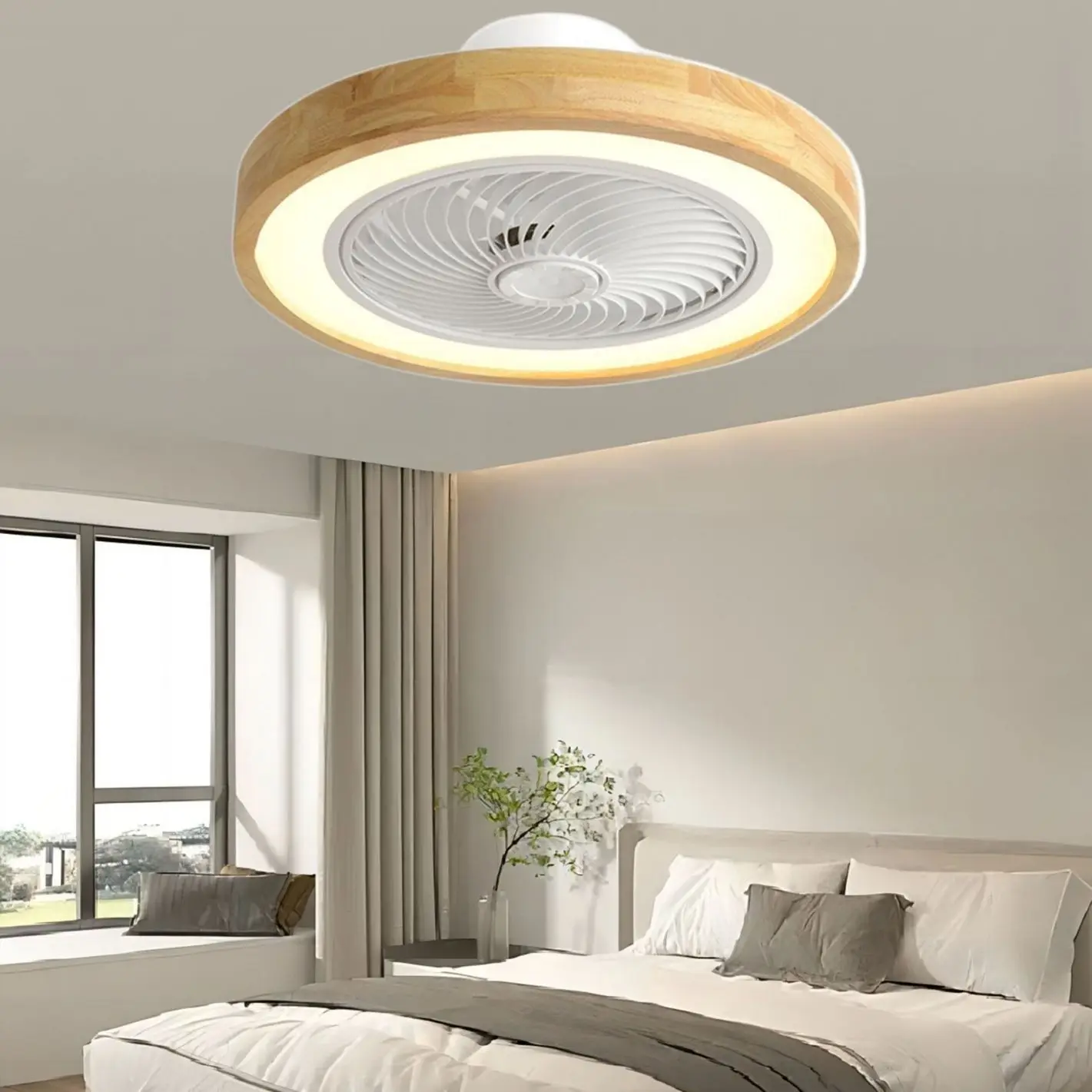 Wood Ceiling Fans + APP Remote Control 110V 220V Round Quadrilateral Led Fan Living Bedroom 20Inch Simple Modern Fans Lighting