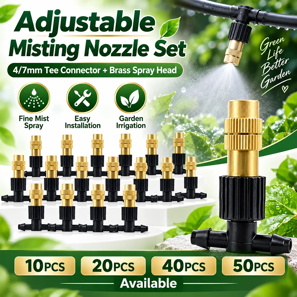 10/20/40/50PCS Adjustable Brass Misting Nozzles 4/7mm Tee Connectors Micro Spray Irrigation for Garden Greenhouse