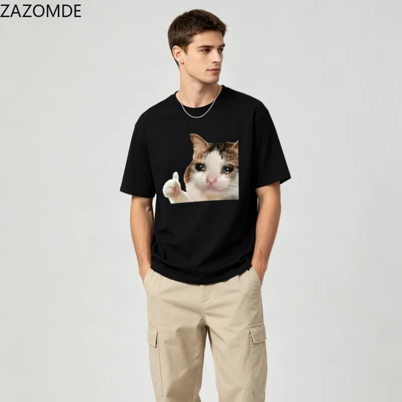 ZAZOMDE Novelty Funny Graphic Tee Sad Crying Thumbs Up Kitten Meme Design Casual Oversized Short Sleeve T Shirts For Men Women