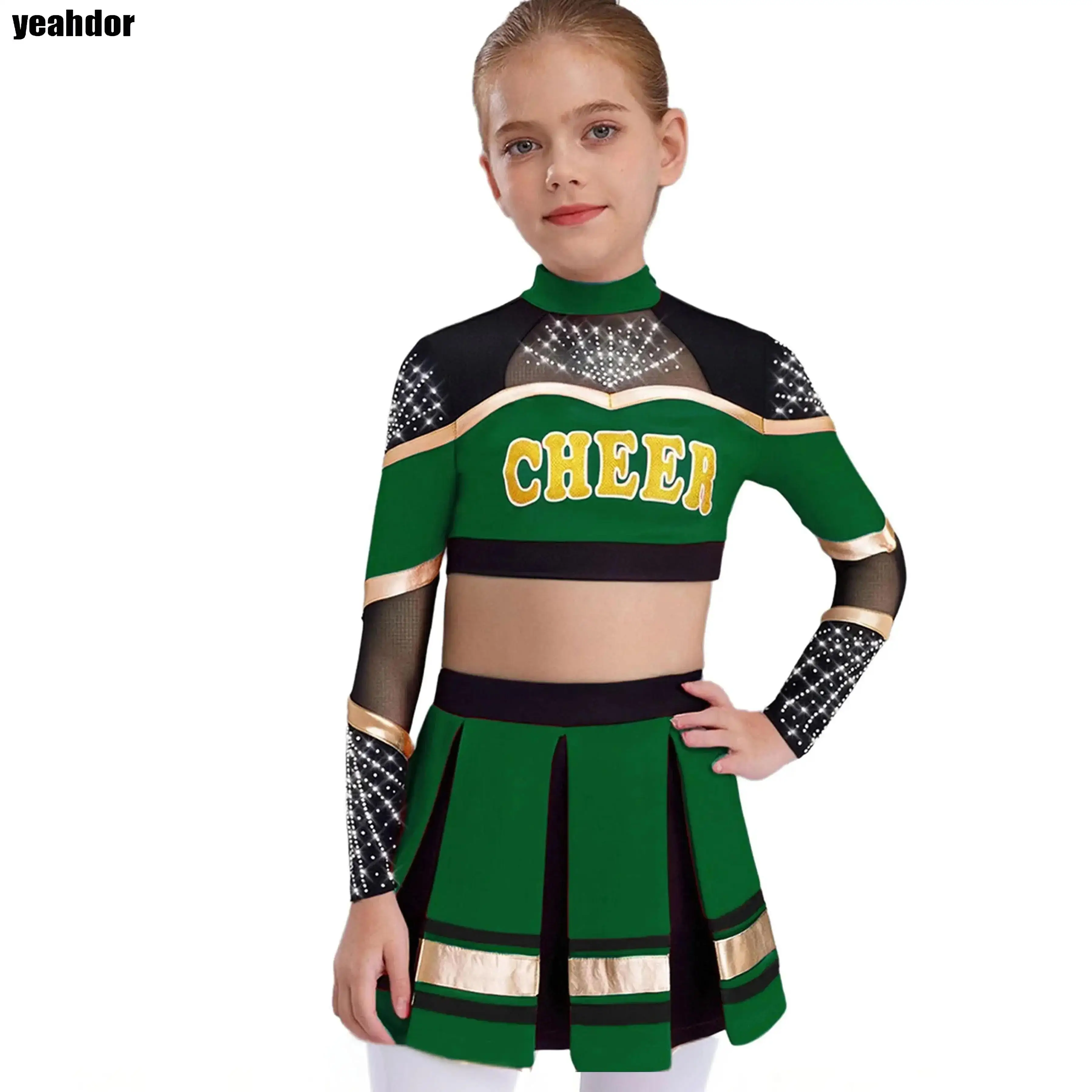 

Girls Cheerleading Cheer Performance Costume School Student Dance Cosplay Outfit Long Sleeve Crop Top And Pleated Skirt Set