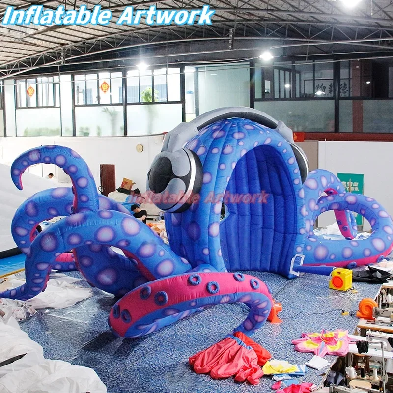 Custom Built DJ Stage Giant Inflatable Octopus Wearing Headphones for Outdoor Carnival Toys