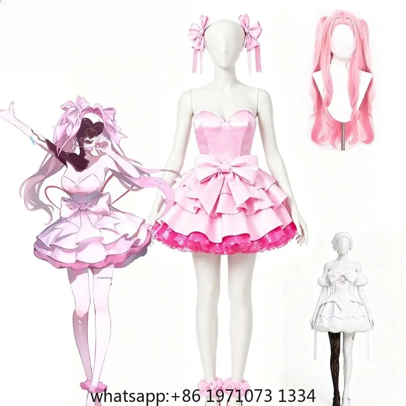 Alien Stage Zombie State Mizi Cosplay Costume Wig Pink Mini Dress Cute Big Bow Glitter Ruffle Skirt Idol Stage Outfit Full Set