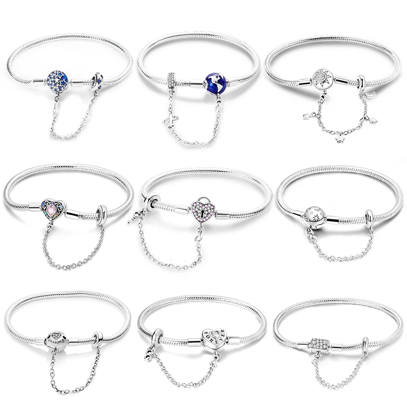 Original Snake Bone Bracelet 925 Silver 17-20CM Stars and Full Moon Security Chain Bracelet For Women DIY Charm Jewelry Gift HOT