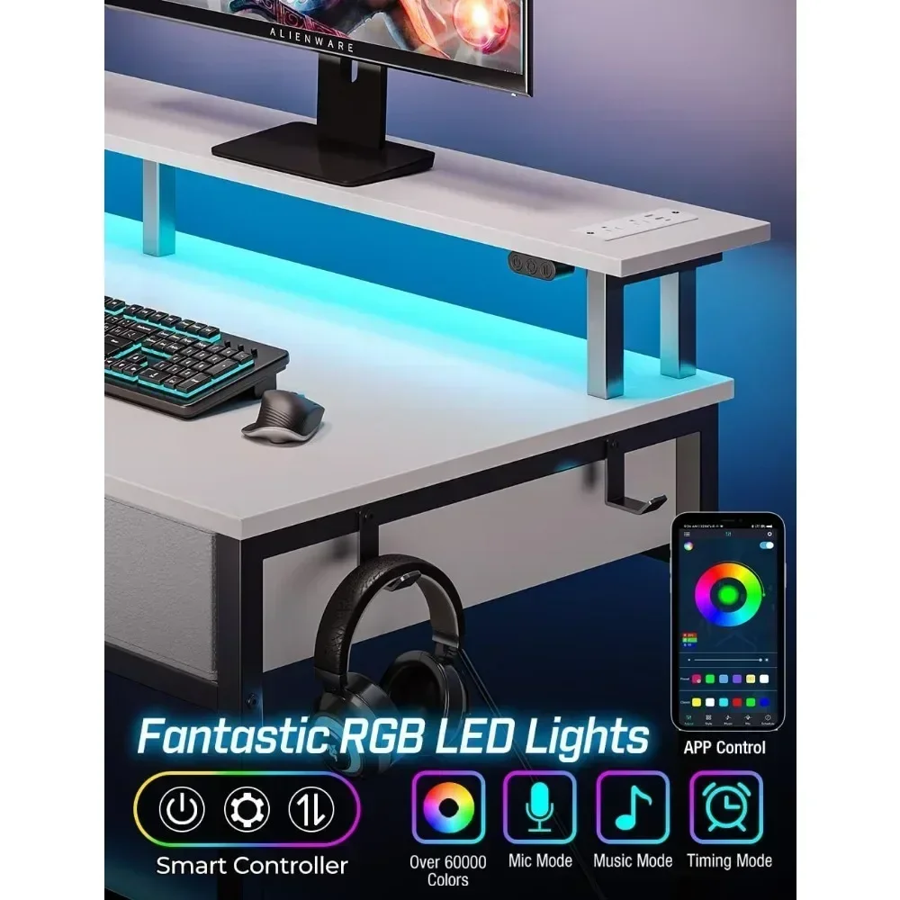 Mesa do Computador com Tomadas Elétricas e Luz LED, 39 ", Mesa Home Office, 3 Gavetas e Prateleiras de Arrumação