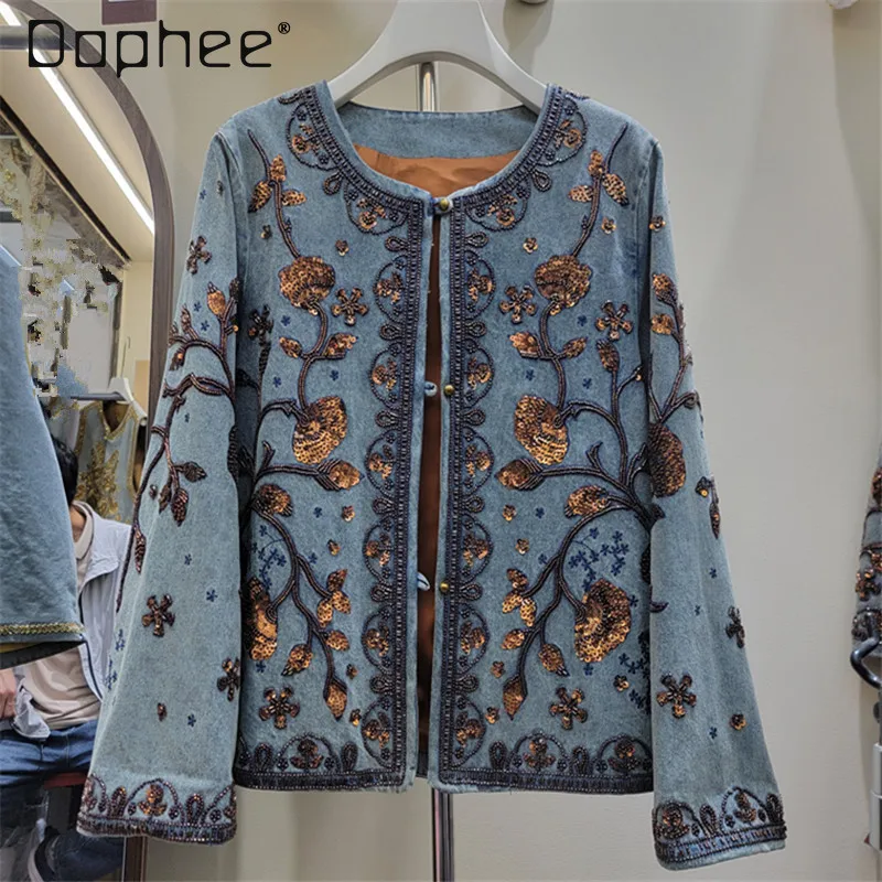 Spring 2026 New Heavy Industry Embroidered Sequined Denim Jacket Women's Retro New Chinese Style Loose Slim Versatile Jacket Top