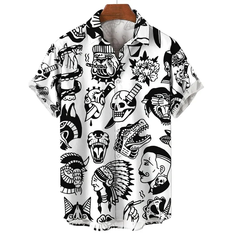 New men's short-sleeved shirt Hawaiian casual beach men's tops mysterious totem print large size men's shirt new style