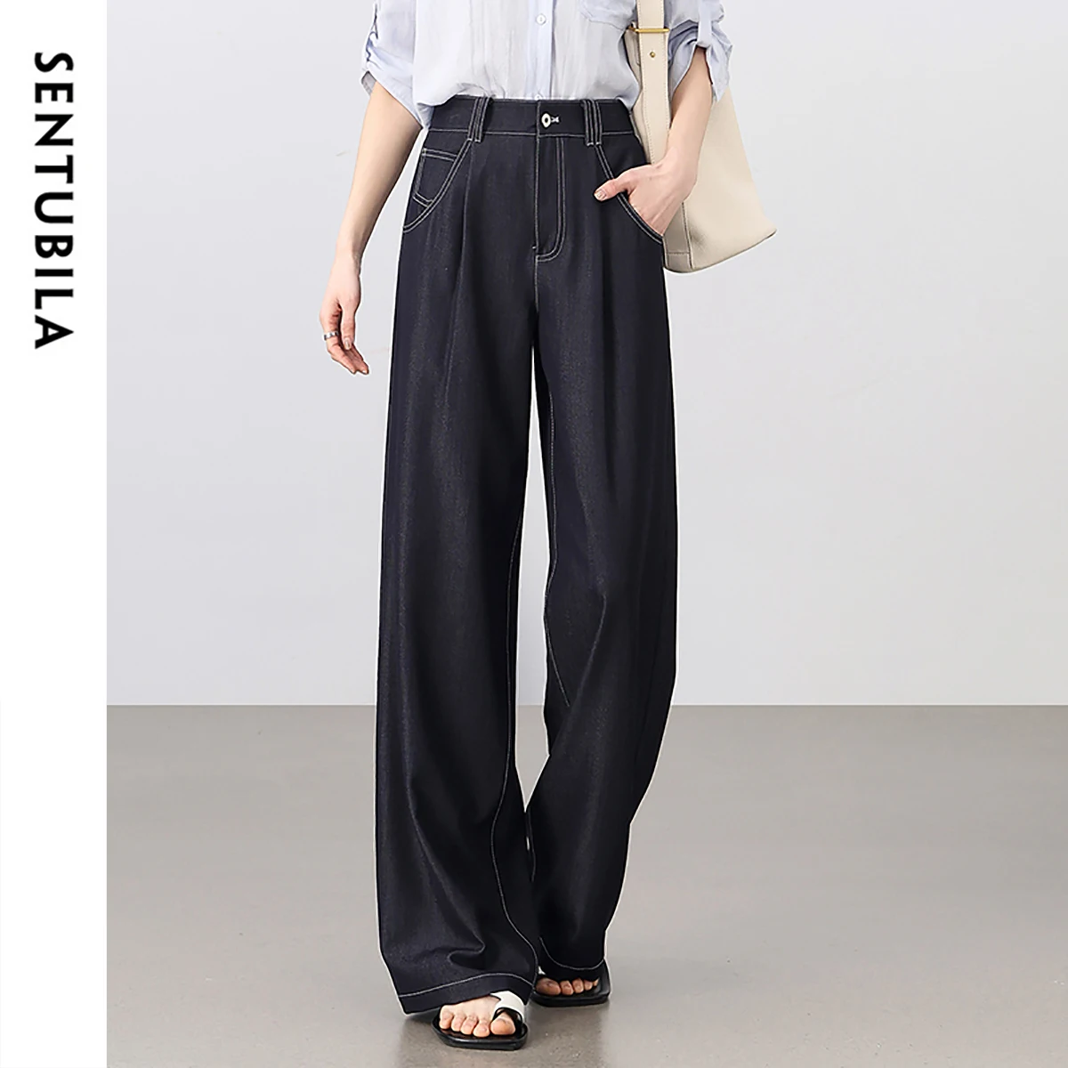 

SENTUBILA Topstitching Jeans Women 2025 Streetwear Fashion Straight Commute Full-length Pants Female Folds Trousers 152K80370