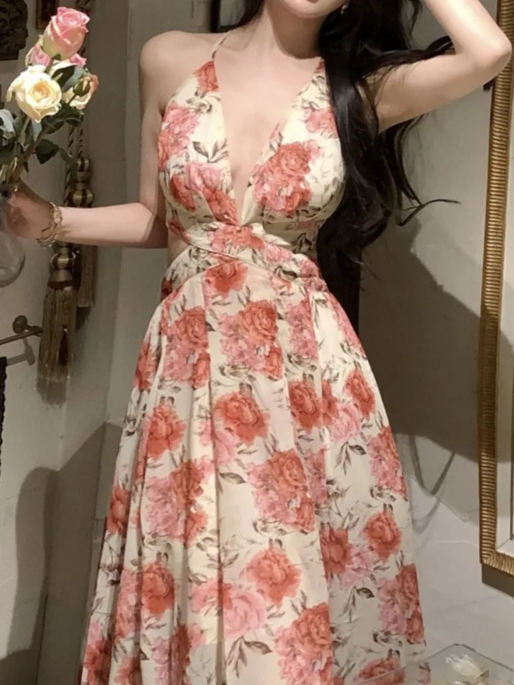 فستان نسائي بزهور بحمالات رفيعة ، فساتين ماكسي نسائية ، على شكل حرف A ، بلا أكمام ، خمر ، أنيق ، بوهو ، شاطئ ، عطلة ، صيف