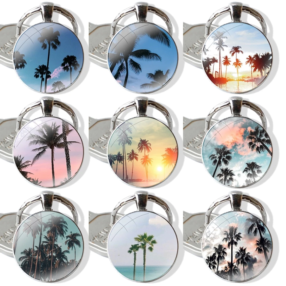 Porte-clés de voiture cabochon en verre transparent, housses souples, cadeaux de voyage, plage, Californie, mer, palmier