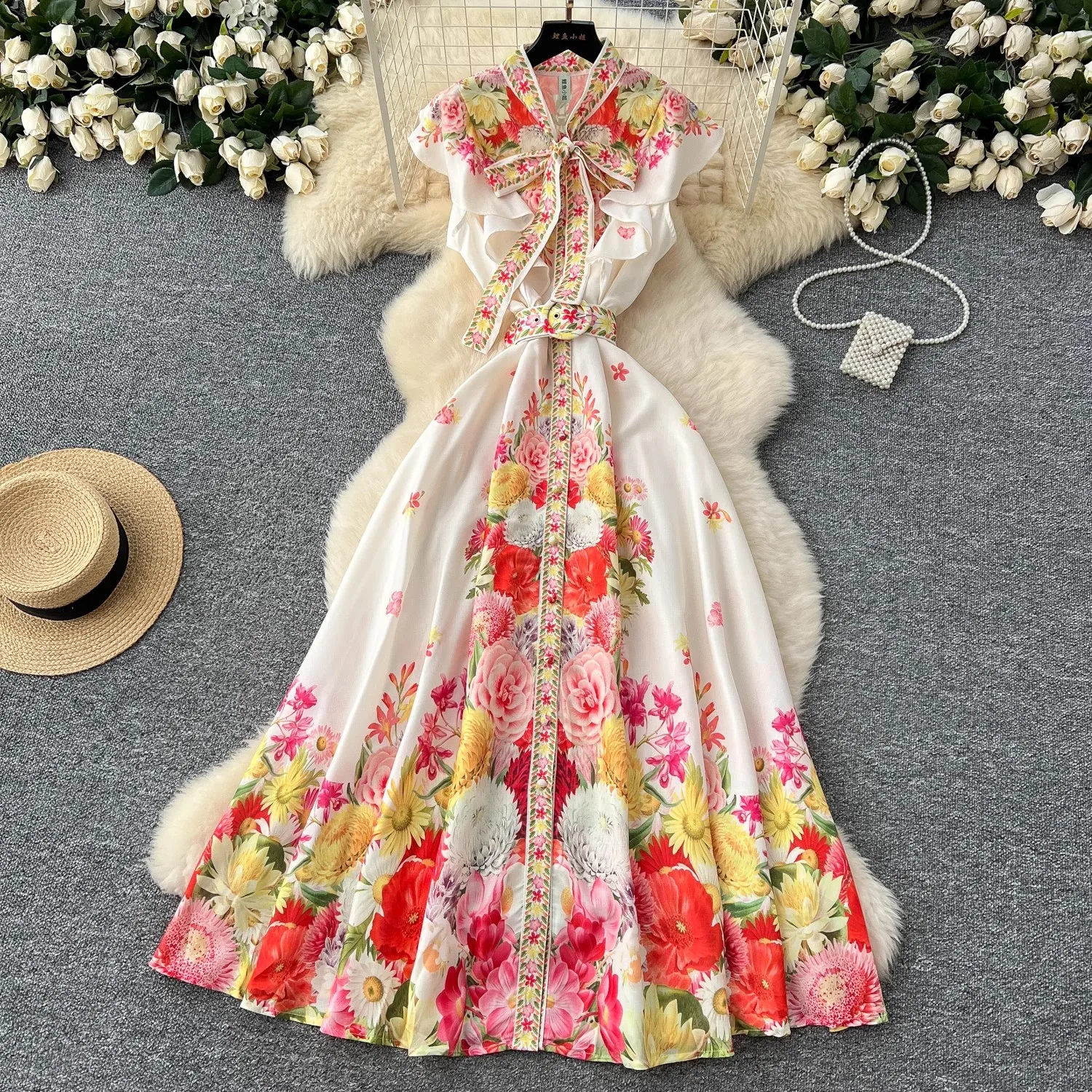 

Summer Runway Fashion Ruffles Sleeveless Floral Print Maxi Dress Women Bow Neck Flying Sleeve Single Breasted A-Line Party Dress