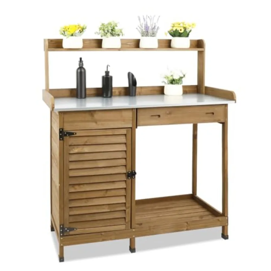 Garden Potting Benche Table Outdoor Wooden Work Station W/Metal Table top, Cabinet, Drawer, Large Bottom Shelf, Open Shelf Natu