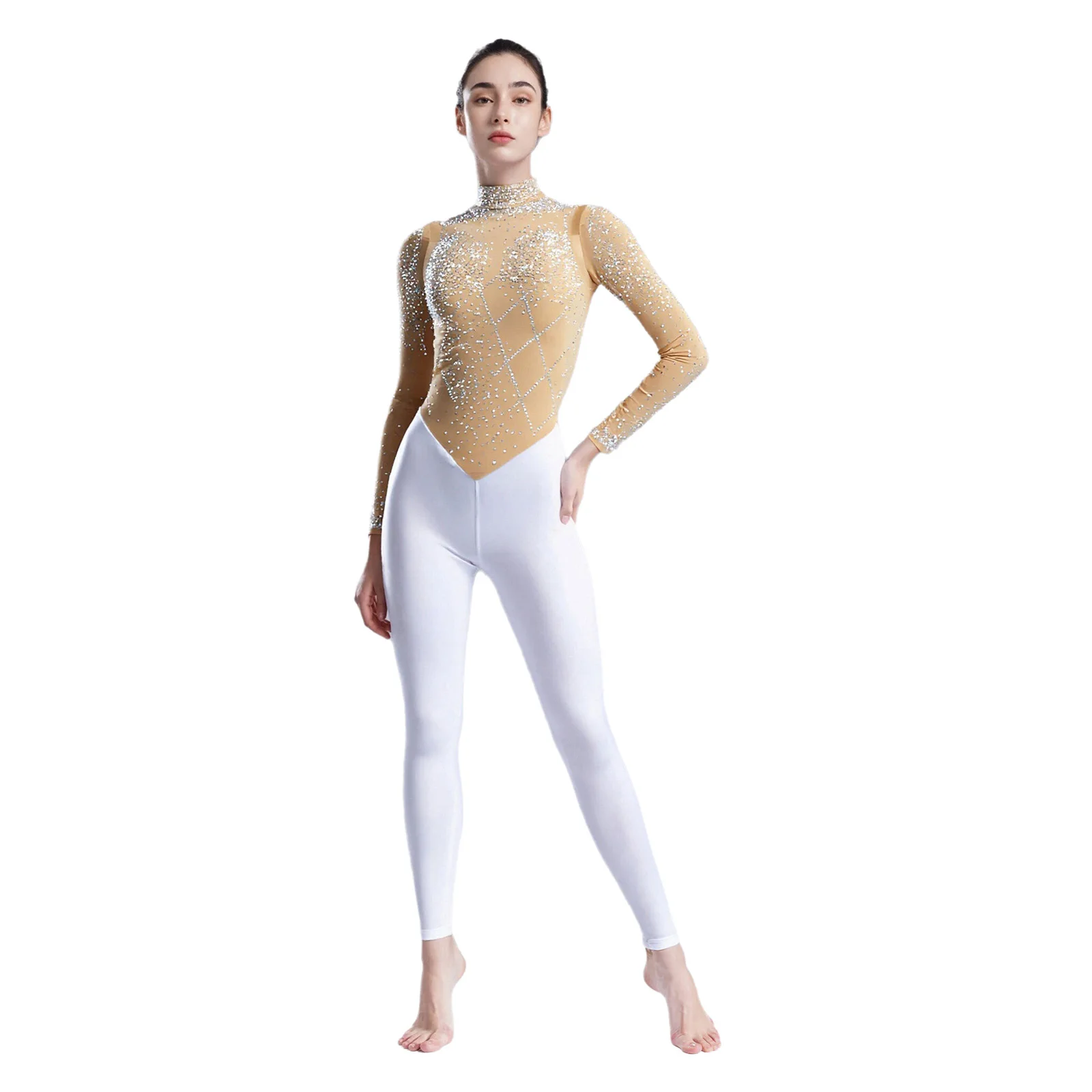 ชุดจั๊มสูทออกกำลังกายสำหรับผู้หญิง ประดับด้วยกลิตเตอร์และคริสตัล เหมาะสำหรับการเต้นรำ ยิมนาสติก ฟิกเกอร์สเก็ต แบบชิ้นเดียว ผ้าตาข่ายโปร่ง แขนยาว
