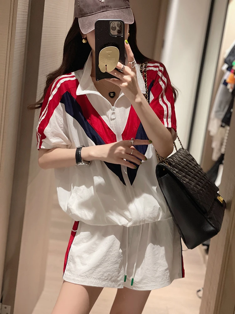 Fashion Casual Sports Suit Women 2024 New Thin Polo Neck Coat Tops+Elastic Waist Shorts Short Sleeve 2 Piece Sets Women Outfit