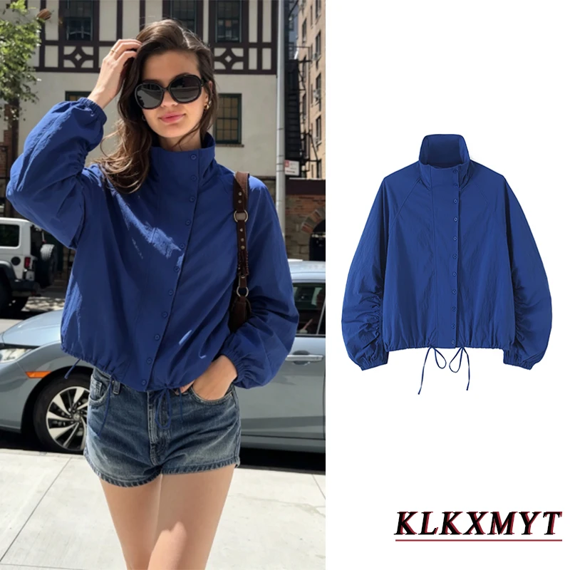 Women Fashion Solid Button Jacket Leisure Loose Long Sleeve Blue Stand Collar Coats Elegant Spring Autumn Bomber Jackets