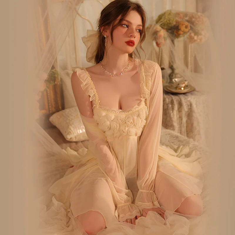 IRENE TINNIE Summer Elegant Sweet Cute Robe Mesh Rose Sexy Nightgown Sling Lace Sleepwear Vintage Yellow Wedding Night Clothes