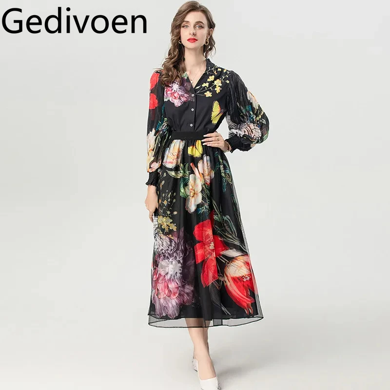 Gedivoen Autumn and Winter Women's Suit V-Neck Lantern Sleeve Single-Breasted Tops+Elastic Waist Mesh Skirt Print 2 piece set