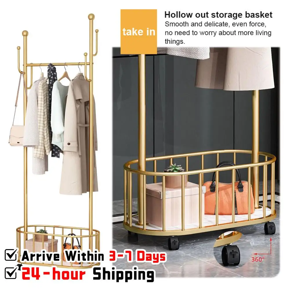 

Роскошная золотая металлическая вешалка для одежды на колесиках, мобильная стойка для одежды с верхними крючками и нижней корзиной для хранения для спальни и гардеробной