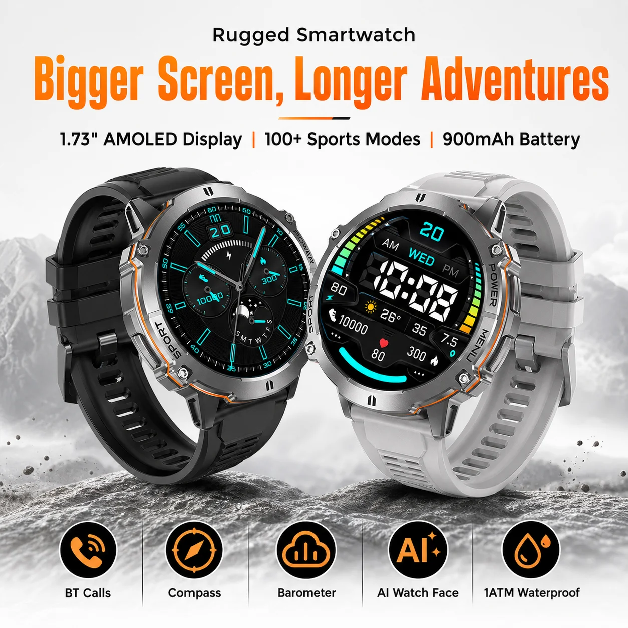 

Rugged Outdoor Smartwatch for Men, 1.73" AMOLED Bluetooth Call, 100+ Sports Modes, Compass, Altimeter, Barometer,1ATM Waterproof