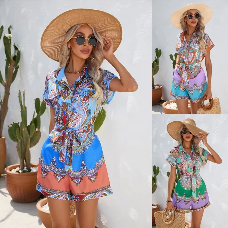 

New ethnic style printed short sleeved shorts and casual jumpsuit for spring and summer 2025
