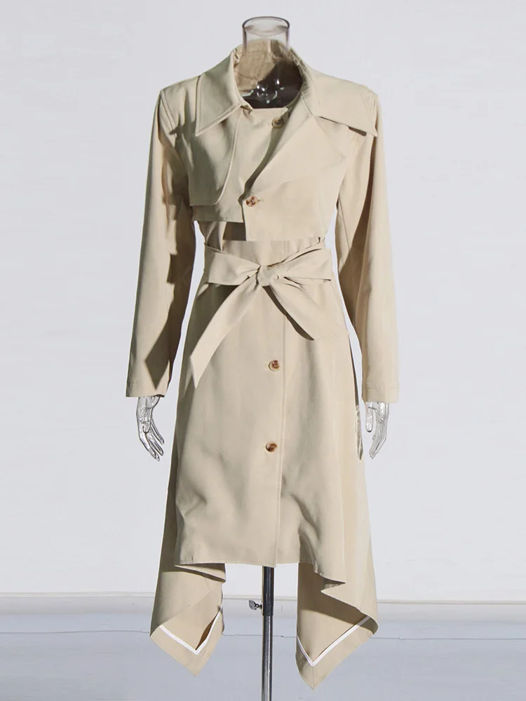 ROMISS Solid Casual Designer Trench For Women Lapel Long Sleeve High Wiast Spliced Button Asymmetrical Coat Female New