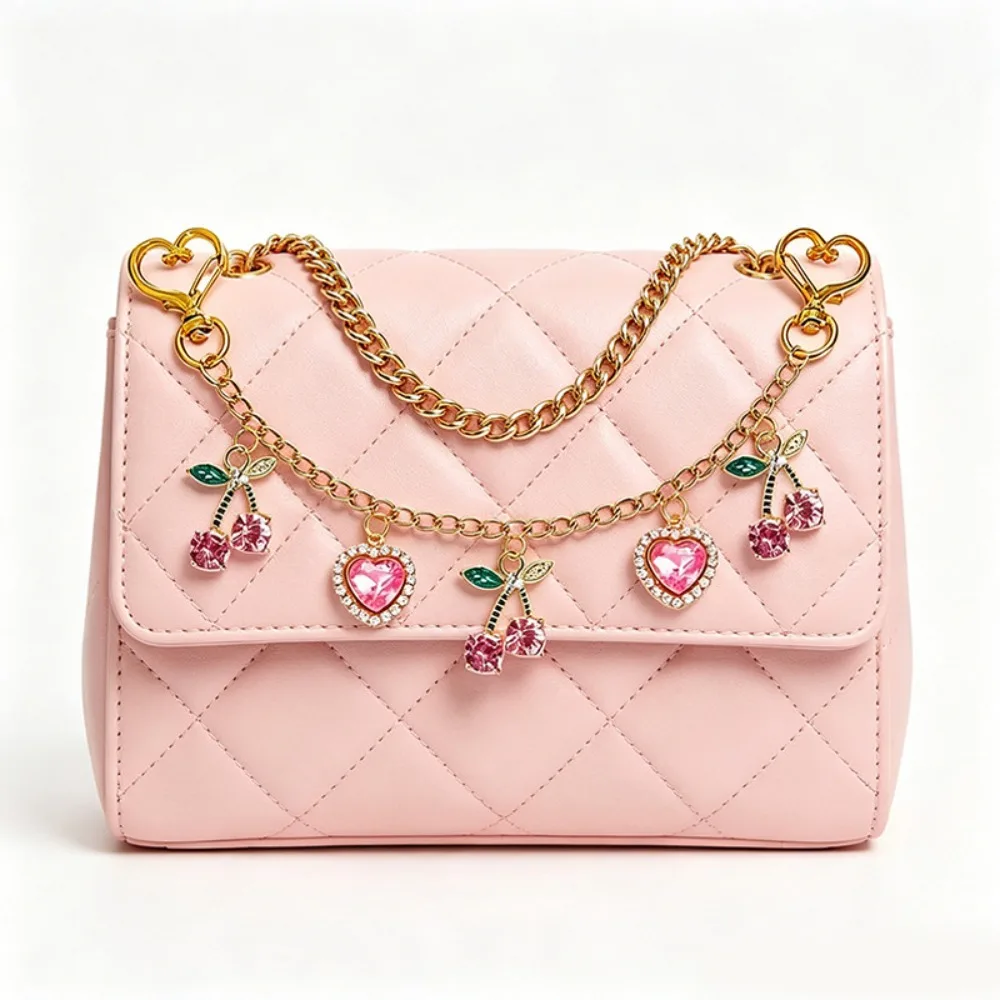 Fashion Alloy Bag Charm Cherry Heart Shape Glass Stone Inlaid Bag Pendant Bag Hanging Decor Daily