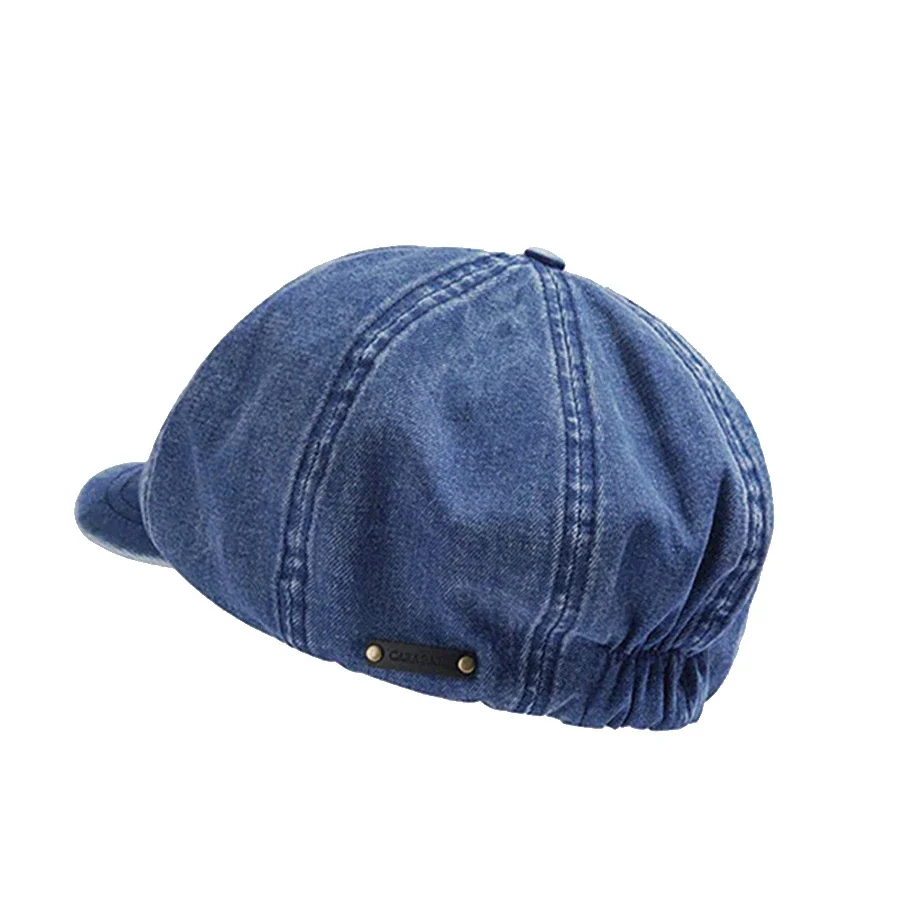 Big Head Circumference Octagonal Hat High Elasticity Elastic Retro Label Design Baret Washed Denim Trendy Versatile Artist Hat