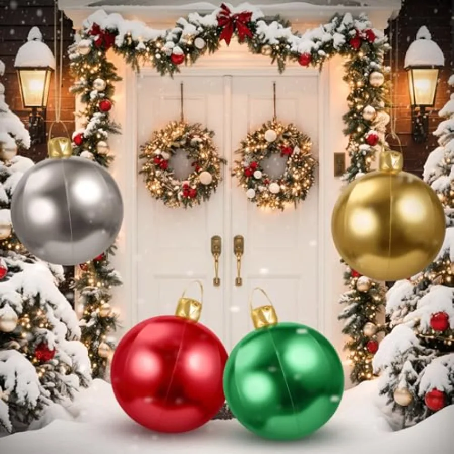 Outdoor Yard Decorations: 4 Pcs 17 Inch Round Silver Inflatable Christmas Ball Ornaments with Glitter Cloth Cover and Durable P