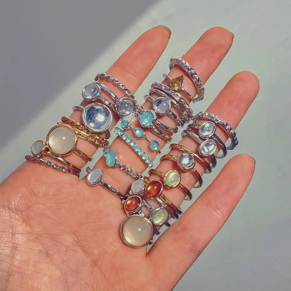 8pcs/set Vintage Colorful Stone Ring Set Metallic Chain Trendy Irregular Geometry Hit Rings For Women Girls Jewelry Gifts