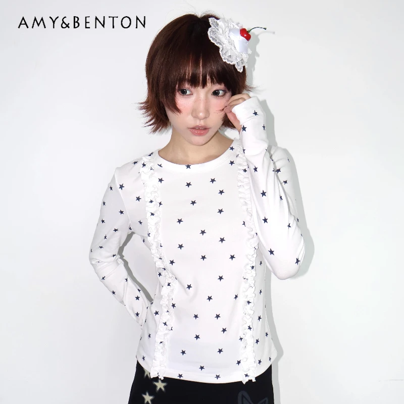 

Original Design Two-tone Cute Star Ruffled Cotton Long Sleeve Bottoming Shirt 2025 Autumn New Slimming Versatile T-shirts Ladies