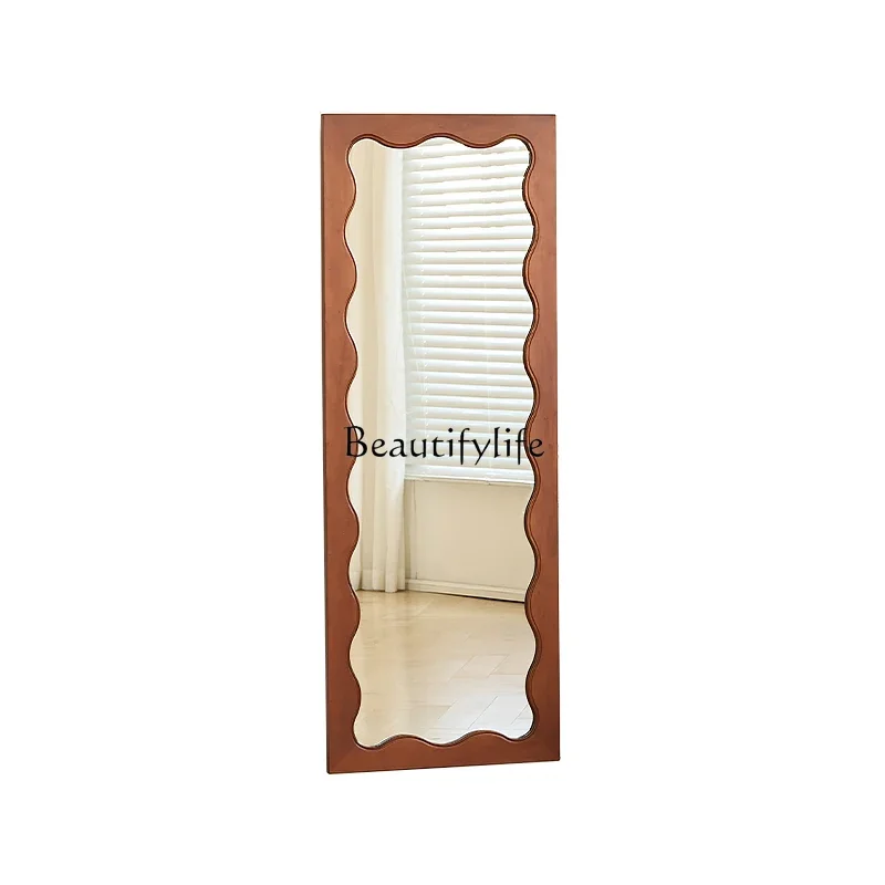 Nordic solid wood wave full-body mirror home wall-mounted dressing bedroom retro floor mirror