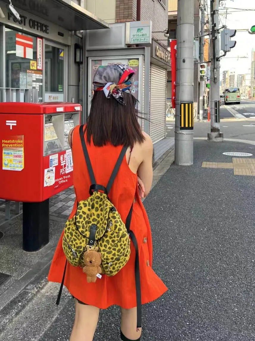 Autumn Winter Yellow Woolen Leopard Print Double Shoulder Bag Flip Cover Book Bag Versatile Lazy Style Carry on Bag Korean St...