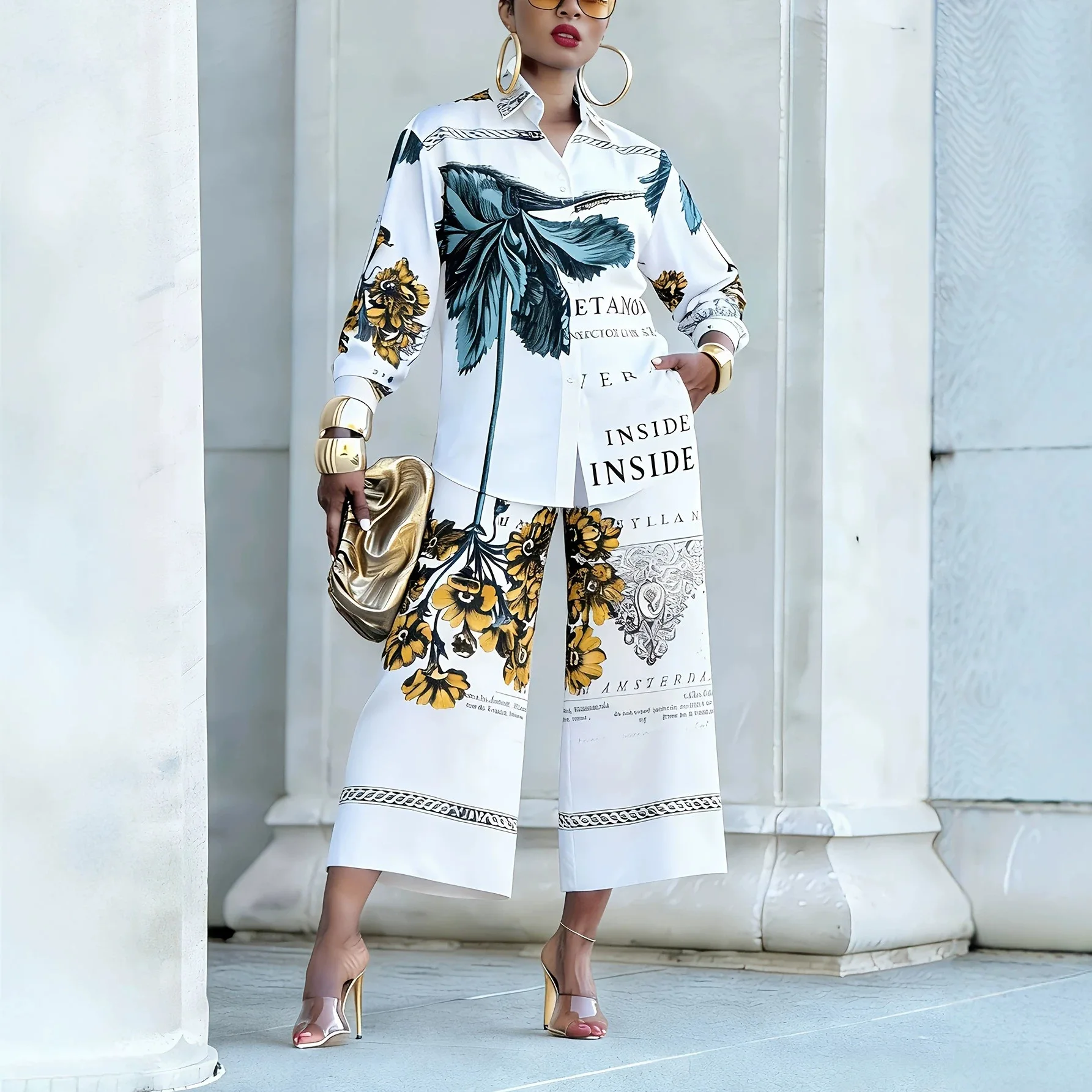 Women's 2-Piece Floral Letter Print Outfit, Long Sleeve Button-Down Shirt & High Waist Wide Leg Pants, Elegant Casual Co-ord Set