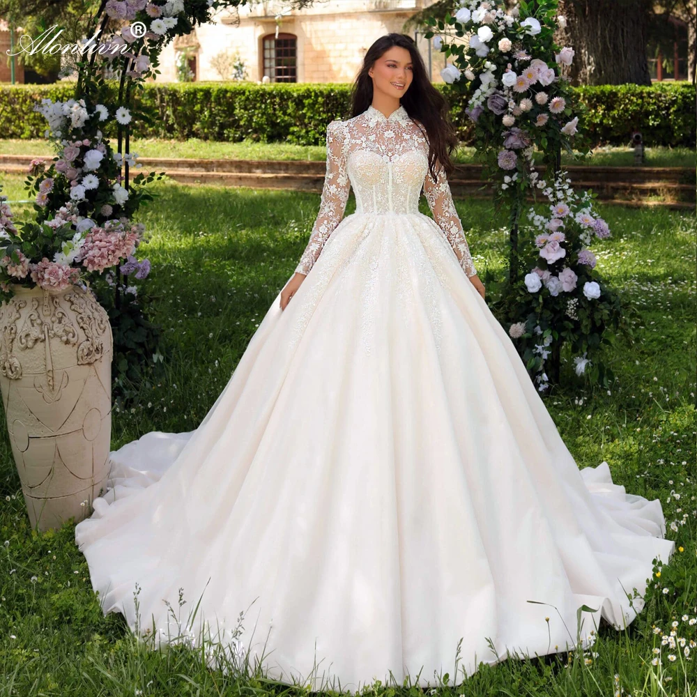 

Alonlivn Elegance Tulle High Collar Ball Gown Women Wedding Dresses Beading Embroidery Lace Full Sleeves Bridal Gowns